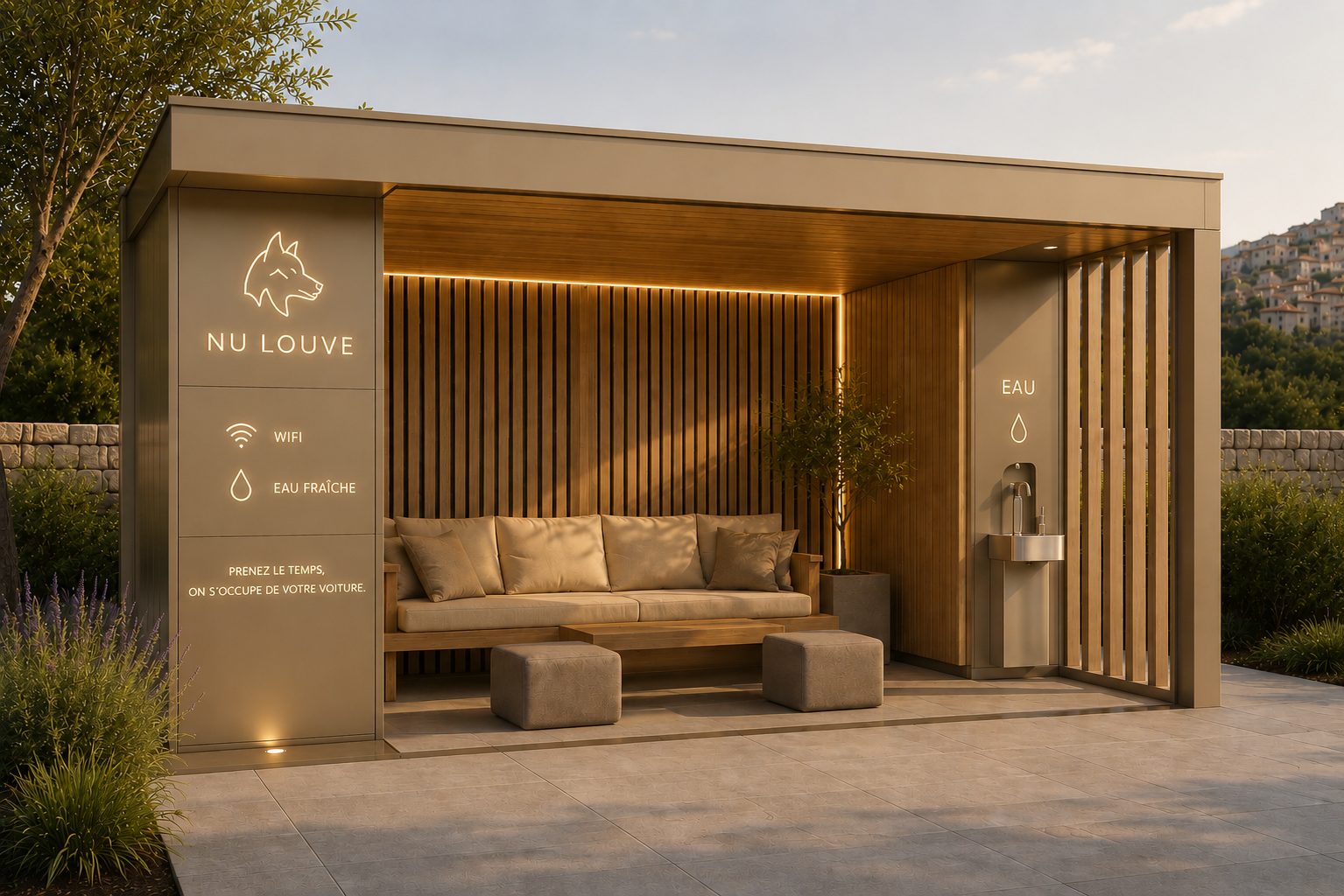 Espace d'attente NU LOUVE : banquette, bois clair, point d'eau fraîche et Wi-Fi